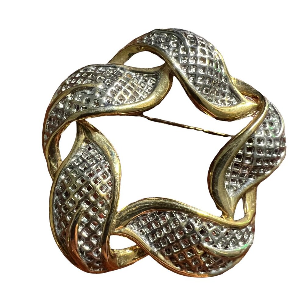 Gold Silver Tone Brooch Braided Ribbon Two Tone Round Pin